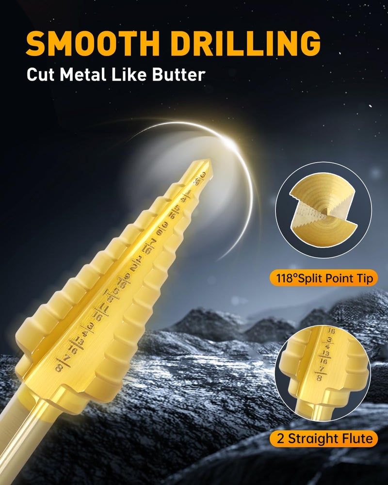 COMOWARE Step Drill Bit Set 5-Piece Titanium-Coated with Automatic Center Punch - Short Length, Double Cutting Blades, High-Speed Steel - Covering 50 Sizes, Complete with Aluminum Case - Image 2